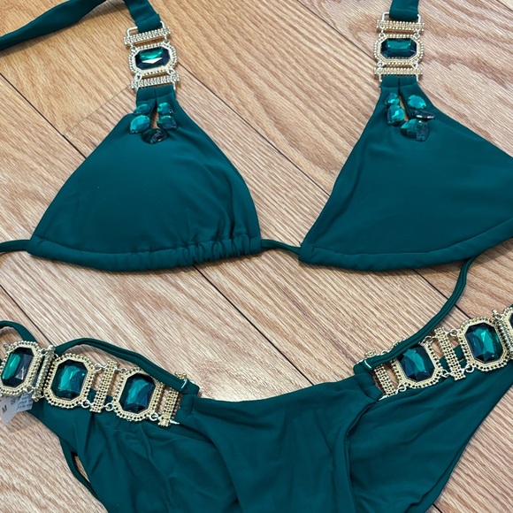 Emerald Green Jeweled Triangle Bikini Set - Picture 3 of 9